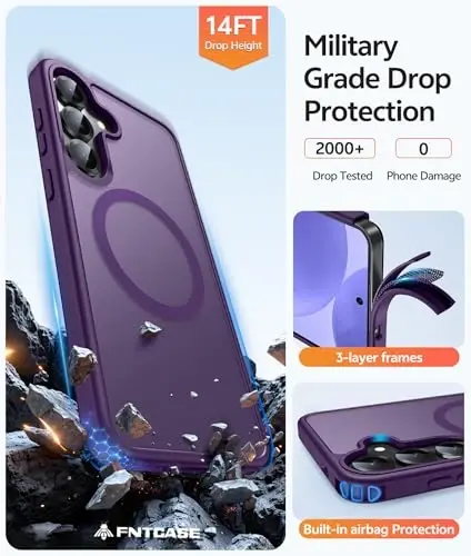 FNTCASE for Samsung Galaxy S25/S24 Case, Fit for Magsafe, Screen Protector | Translucent Matte Magnetic Back, 14FT Military Grade Drop Protection, Shockproof Protective Phone Cover, Purple - 5