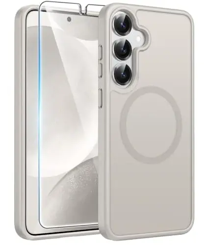 Samsung Galaxy S25/S24 uchun FNTCASE g'ilofi, Magsafe uchun mos, Ekran himoyasi | Yarim shaffof mat magnit orqa panel, 14FT harbiy darajadagi tushishdan himoya, Zarbaga chidamli telefon g'ilofi, Och oq 