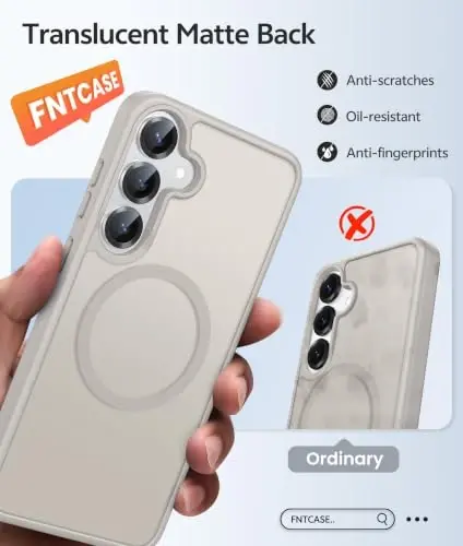 Samsung Galaxy S25/S24 uchun FNTCASE g'ilofi, Magsafe uchun mos, Ekran himoyasi | Yarim shaffof mat magnit orqa panel, 14FT harbiy darajadagi tushishdan himoya, Zarbaga chidamli telefon g'ilofi, Och oq - 6