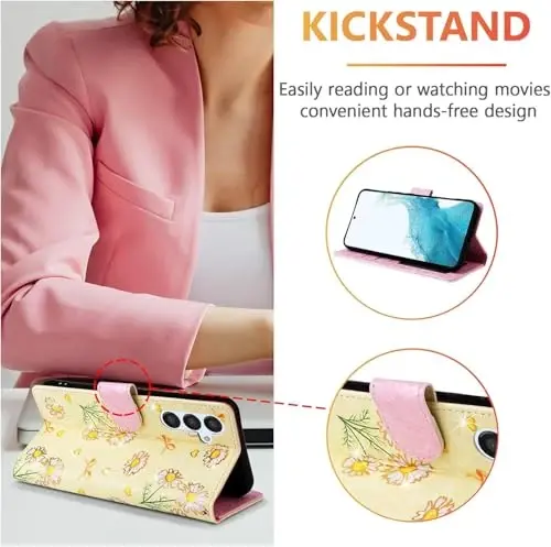 UEEBAI Wallet Case for Samsung Galaxy S26 5G, PU Leather Phone Cover Kickstand RFID Blocking Flip Case Card Slots Wrist Strap Relief Engraved Pattern Magnetic Closure Flower Wallet, Yellow Daisy - 2