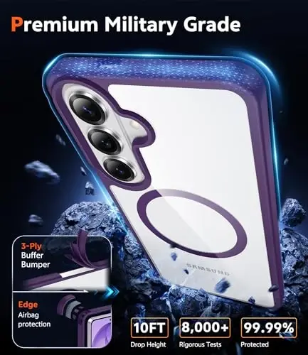 Samsung Galaxy S26 için FNTCASE Kılıf: Magsafe ile Uyumlu Şeffaf Manyetik Telefon Kılıfları, Ekran Koruyuculu, İnce, Sararmayan, Darbe Emici Şeffaf Koruyucu Kapak (Mor Manyetik) - 6