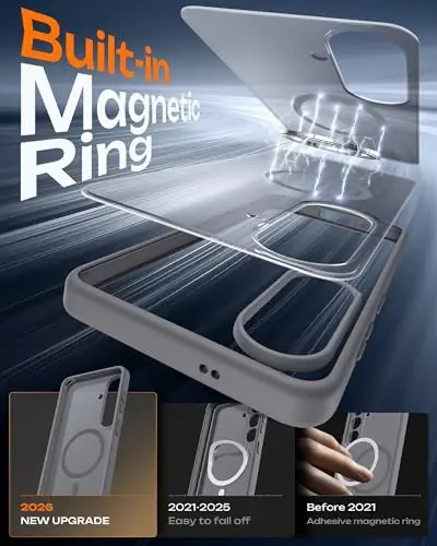 Samsung Galaxy S26 için TOCOL Kılıf, Magsafe ile Uyumlu, Tam Kamera Koruması, Dahili Manyetik Halka, Düşme Koruması, S26 6.3 inç için Yarı Saydam Mat Telefon Kılıfı (Gri) - 3