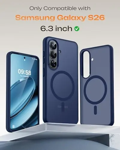 Samsung Galaxy S26 için TOCOL Kılıf, Magsafe Uyumlu, Tam Kamera Koruması, Dahili Manyetik Halka, Düşmeye Karşı Koruma, S26 6.3 inç için Yarı Saydam Mat Telefon Kılıfı (Koyu Mavi) - 2