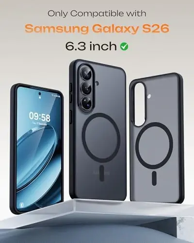 Samsung Galaxy S26 Kılıfı için TOCOL, Magsafe Uyumlu, Tam Kamera Korumalı, Dahili Mıknatıslı, Düşmeye Karşı Korumalı, S26 6.3 inç için Yarı Saydam Mat Telefon Kılıfı (Siyah) - 2