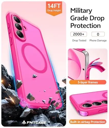 FNTCASE for Samsung Galaxy S26 Plus Case, Fit for Magsafe, Screen Protector | Full Camera Protection, Translucent Matte, 14FT Military Grade Drop Proof, Shockproof Protective Phone Cover, Hot Pink - 5