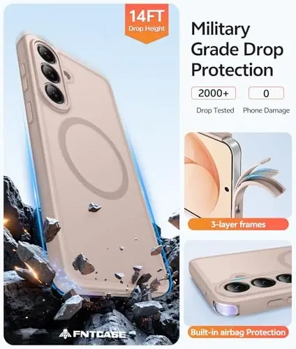 Samsung Galaxy S26 uchun FNTCASE g‘ilofi: [Magsafe uchun mos] [To‘liq kamera himoyasi va ekran himoyachisi] Shaffof matli harbiy darajadagi - Samsung S 26 uchun zarbaga chidamli himoya telefon qopqog‘i - Cho‘l oltini - 5