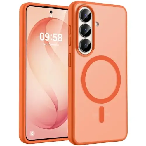Samsung Galaxy S26 uchun TOCOL g‘ilofi, Magsafe bilan mos, kamera to‘liq himoyalangan, o‘rnatilgan magnit halqali, zarbalardan himoyalovchi, shaffof matli telefon g‘ilofi S26 6.3 dyuym uchun (To‘q sariq) 