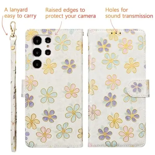 UEEBAI Wallet Case for Samsung Galaxy S26 Ultra, PU Leather Phone Cover Kickstand RFID Blocking Flip Case Card Slots Wrist Strap Relief Engraved Pattern Magnetic Closure Flower Wallet, White Daisy - 5