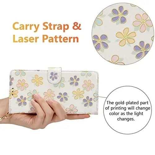 UEEBAI Wallet Case for Samsung Galaxy S26 Ultra, PU Leather Phone Cover Kickstand RFID Blocking Flip Case Card Slots Wrist Strap Relief Engraved Pattern Magnetic Closure Flower Wallet, White Daisy - 6