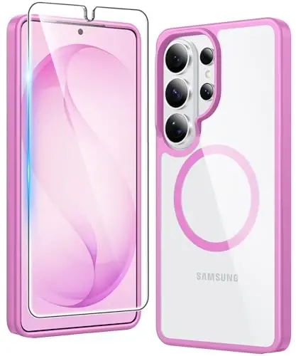 Samsung Galaxy S26-Ultra uchun FNTCASE g'ilofi: Magsafe bilan mos keluvchi ekran himoyachili shaffof magnit telefon g'ilofi, ingichka, sarg'aymaydigan, mustahkam himoyali shaffof telefon qopqog'i (Pushti magnit) 