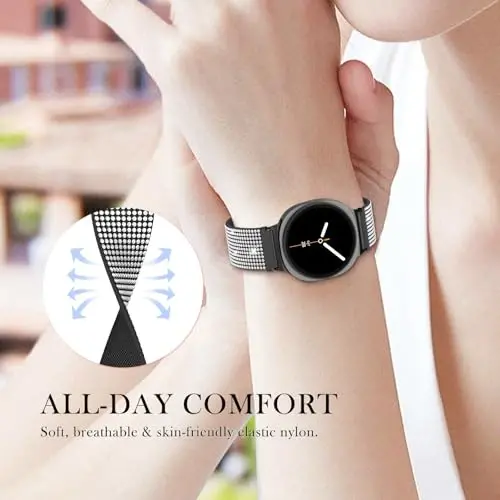 Samsung Galaxy Saat Kadın Bantları için LETOID, Samsung Galaxy Watch 8/7/6/5/4/FE, Active 2 için Tasarlanmış, Esnek Naylon Kayış – Yumuşak, Nefes Alabilir, Ayarlanabilir, Simli Elastik Bileklik - 5