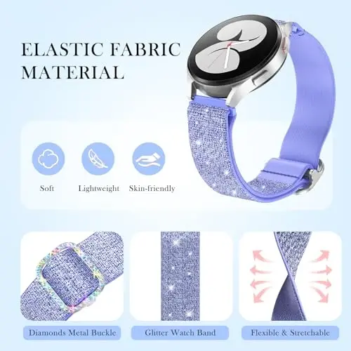 Samsung Galaxy Saat Kordonları Kadınlar için LETOID, Samsung Galaxy Watch 8/7/6/5/4/FE, Active 2 için Tasarlanmış, Parlak Esnek Naylon Kayış - Yumuşak, Nefes Alabilen, Ayarlanabilir, Simli Elastik Bileklik - 3