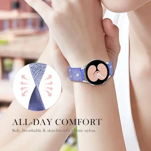 Samsung Galaxy Saat Kordonları Kadınlar için LETOID, Samsung Galaxy Watch 8/7/6/5/4/FE, Active 2 için Tasarlanmış, Parlak Esnek Naylon Kayış - Yumuşak, Nefes Alabilen, Ayarlanabilir, Simli Elastik Bileklik - 5
