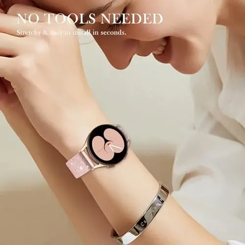 Samsung Galaxy Saat Kordonları Kadınlar için LETOID, Samsung Galaxy Watch 8/7/6/5/4/FE, Active 2 için Tasarlanmış, Parlak Esnek Naylon Kayış - Yumuşak, Nefes Alabilen, Ayarlanabilir, Simli Elastik Bileklik - 6