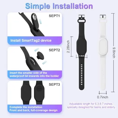 Samsung Galaxy SmartTag 2 Bilaguch Ulagichi [2 ta Paket], Yumshoq Silikon Bilaguch Smart Tag 2 Ulagichi Bolalar Bilaguch Galaxy SmartTag 2 Qopqog'i Bolalar Katta Yoshlilar Uchun (Qora+Oq) - 6