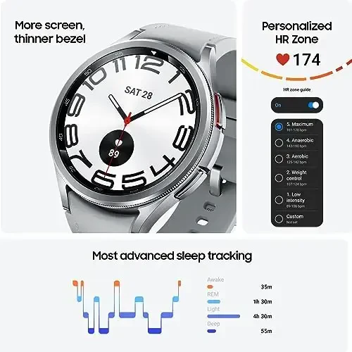 Samsung Galaxy Watch 6 Classic 47mm Bluetooth Smartwatch, Aylanadigan Bezel, Fitness Tracker, Shaxsiy HR Zonalar, Uyquni Ilg'or Murabbiyligi, Yurak Monitori, BIA Sensor, Sog'liqni Saqlash Haqida Tushunchalar, AQSh, Versiya, Kumush - SAMSUNG (1)