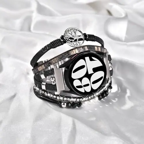 Samsung Galaxy Watch 7/6/5/4 (40mm, 44mm) aqlli soatlari uchun boho uslubidagi charm bilaguzuk. Ayollar uchun, qo'lda ishlangan, ko'p qavatli munchoqli bilaguzuklar (20mm). Watch 6 Classic 43mm/Watch 5 Pro/Watch4 Classic 42mm/Galaxy Active 2 soatlariga mos keladi. - 4