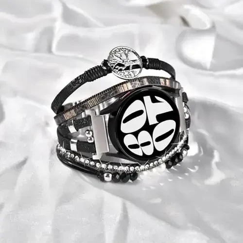 Boho Leather Bracelet for Samsung Galaxy Watch 7/6/5/4 Band 40mm 44mm Women, 20mm Handmade Multilayer Beaded Watch Bands for Watch 6 Classic 43mm/Watch 5 Pro/Watch4 Classic 42mm/Galaxy Active 2 - 4