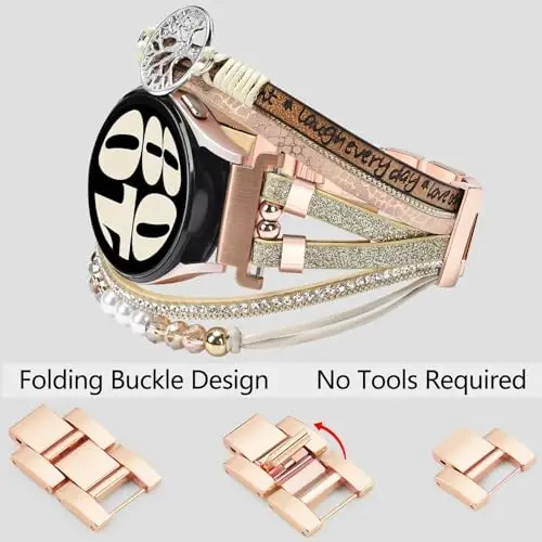 Boho Leather Bracelet for Samsung Galaxy Watch 8/7/6/5/4 Band 40mm 44mm Women, 20mm Handmade Multilayer Beaded Watch Bands for Watch 8 6 Classic 43mm/Watch 5 Pro/Watch4 Classic 42mm/Galaxy Active 2 - 3