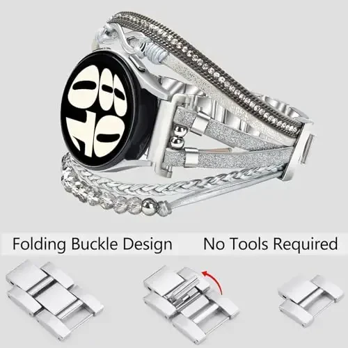 Samsung Galaxy Watch 7/6/5/4 uchun Boho teri bilaguzuk 40mm 44mm ayollar, 20mm qo'lda ishlangan ko'p qatlamli boncukli soat tasmalar Watch 6 Classic 43mm/Watch 5 Pro/Watch4 Classic 42mm/Galaxy Active 2 uchun - 3