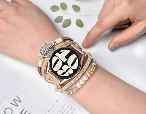 Samsung Galaxy Watch 7/6/5/4 uchun Boho teri bilaguzuk 40mm 44mm ayollar, 20mm qo'lda ishlangan ko'p qavatli munchoqli soat tasmalar Watch 6 Classic 43mm/Watch 5 Pro/Watch4 Classic 42mm/Galaxy Active 2 uchun - 4