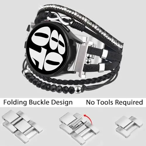 Boho Leather Bracelet for Samsung Galaxy Watch 8/7/6/5/4 Band 40mm 44mm Women, 20mm Handmade Multilayer Beaded Watch Bands for Watch 8 6 Classic 43mm/Watch 5 Pro/Watch4 Classic 42mm/Galaxy Active 2 - 3