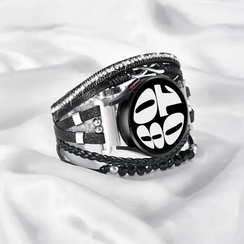 Boho Leather Bracelet for Samsung Galaxy Watch 8/7/6/5/4 Band 40mm 44mm Women, 20mm Handmade Multilayer Beaded Watch Bands for Watch 8 6 Classic 43mm/Watch 5 Pro/Watch4 Classic 42mm/Galaxy Active 2 - 4