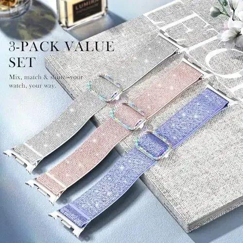 LETOID for Samsung Galaxy Watch Bands for Women, Bling Stretchy Nylon Strap Designed for Samsung Galaxy Watch 8/7/6/5/4/FE, Active 2 – Soft, Breathable, Adjustable, Glitter Elastic Wristband - 3