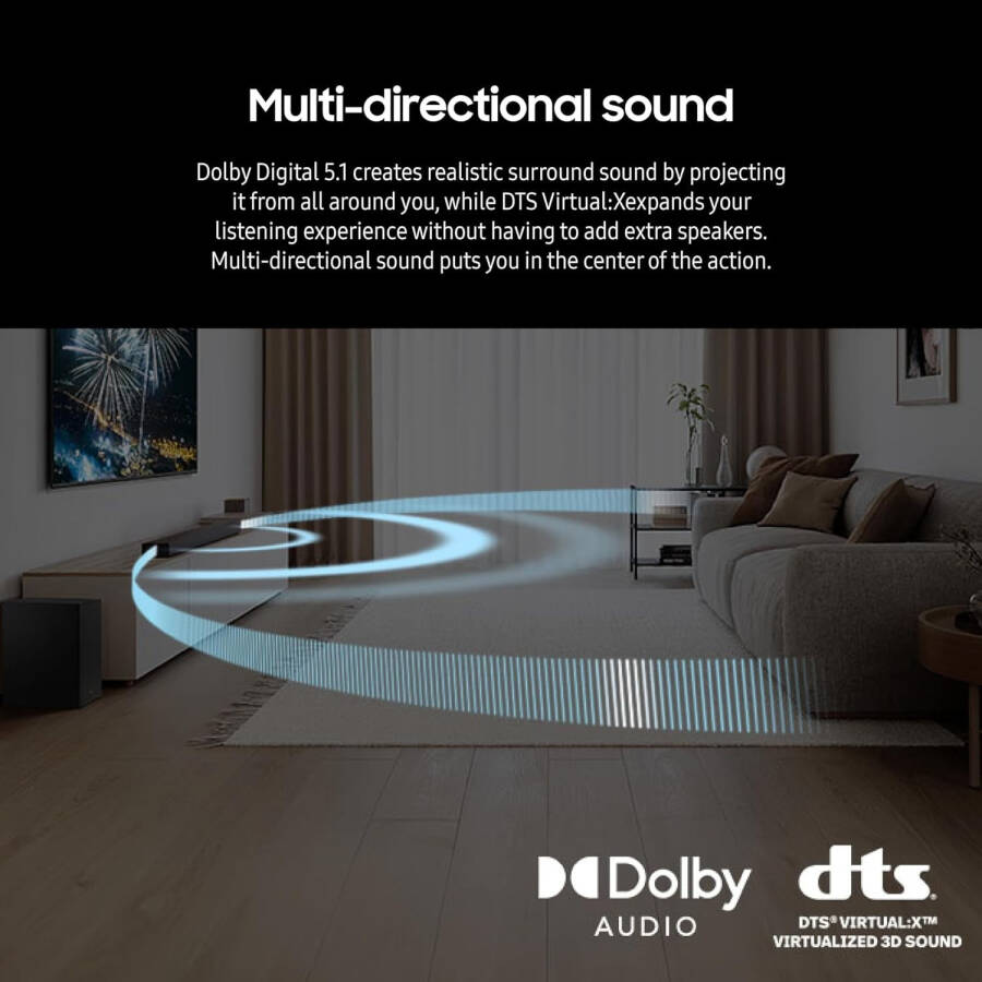 Samsung HW-B750D 5.1 kanal saundbar va subwoofer, Dolby Digital va Samsung SWA-9200S 2.0 kanal simsiz orqa surround ovoz kolonkalari (2024) - 5