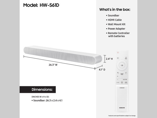 Samsung HW-S61D/ZA 5 Kanal Bluetooth 26,3 Diimli Soundbar Oq Chumoli, Oq - 6