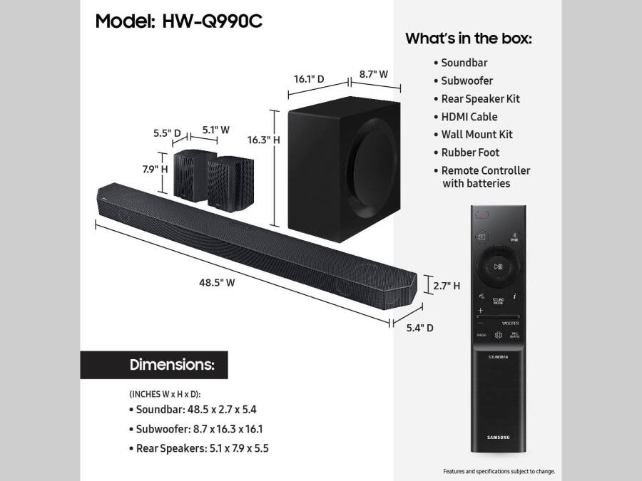 SAMSUNG Q-Series 11.1.4ch simsiz Dolby Atmos Soundbar + Q-Symphony HW-Q990C/ZA orqa ulanadigan karnaylar - 5