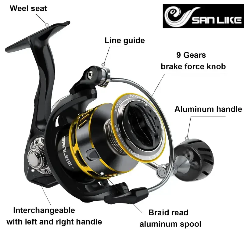 SAN LIKE Spinning Reel Fishing Reel - Silliq ishlash uglerodli tolali 40,5 funt Maksimal qarshilik sho'r suv va chuchuk suv 7+1 zanglamaydigan BB sharikli podshipnik 5,2: 1 sho'r yoki chuchuk suv uchun uzatma nisbati 4000 o'lchami - QORA - 4000 - 3