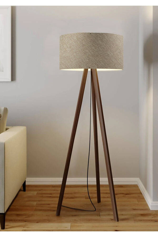 Sand Beige Round Fabric Cylinder Head Wooden Tripod Floor Lamp - 2