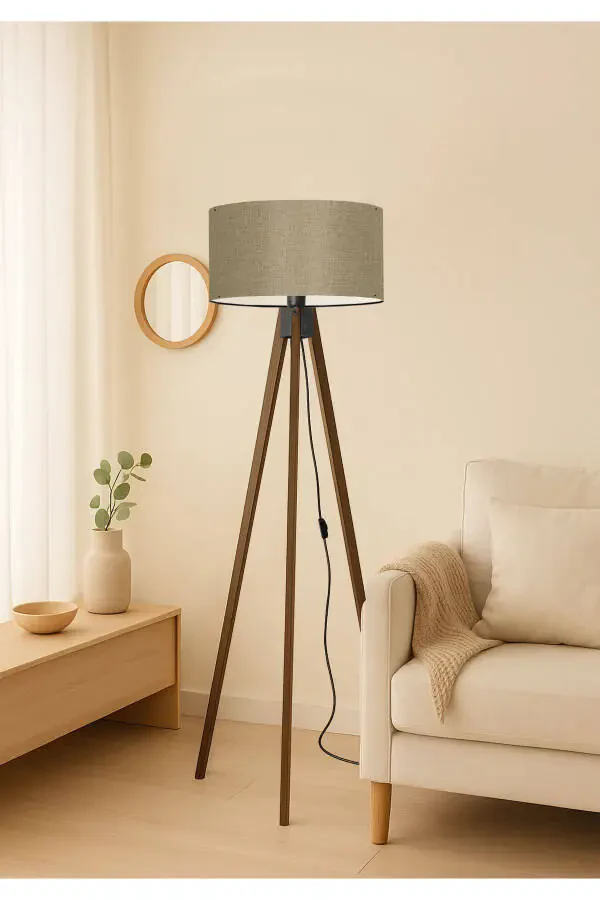 Sand Beige Round Fabric Cylinder Head Wooden Tripod Floor Lamp - 1