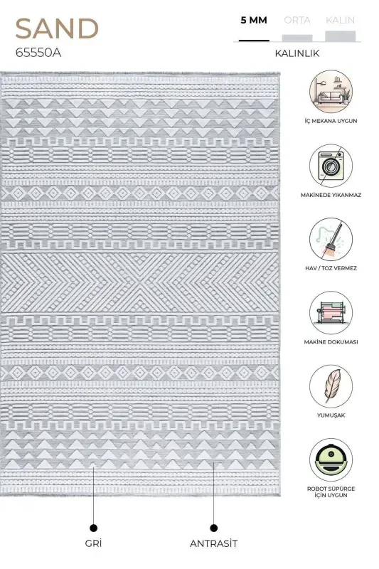 Sand Gri Anthracite Foldable Easy-to-Clean Carpet 65550a-Gray Anthracite - 2