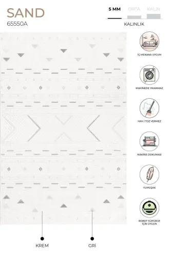 Sand Krem Kulrang Oson Tozalash Gilam Kilim Yotoq Xonasi Koridor Dazgoh Gilami 65550a-Krem Kulrang - KOZA HALI (1)