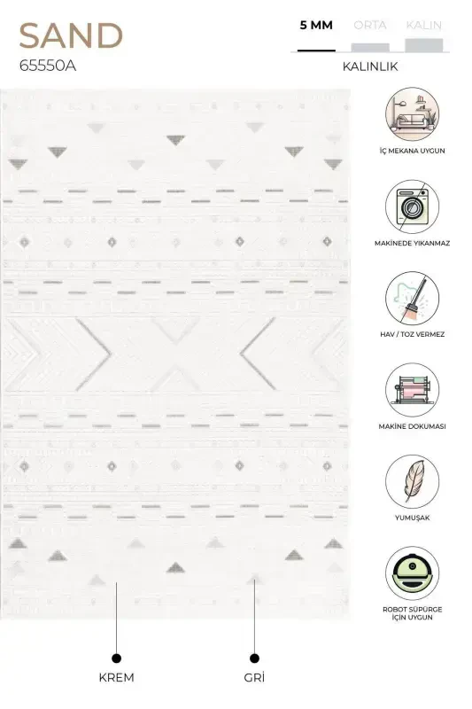 Sand Krem Kulrang Oson Tozalash Gilam Kilim Yotoq Xonasi Koridor Dazgoh Gilami 65550a-Krem Kulrang - 2