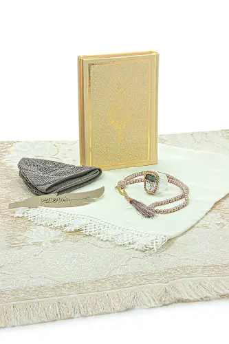 Sandıklı Çeyizlik Seccade Seti Damat Gelin Bohçasına Uygun Hediyelik Şal Kuranı Kerim Seti Gold - Gold - 10