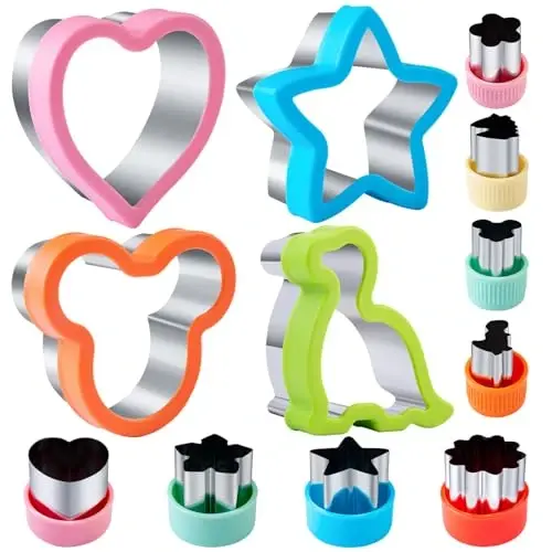 Sandwich Cutters for Kids Lunch 12 Pcs, Kimfead Cookie Cutters Set, Vegetable Fruit Cutters Shapes, Stainless Steel Biscuit Cutters, Dinosaur Mouse Heart Star 