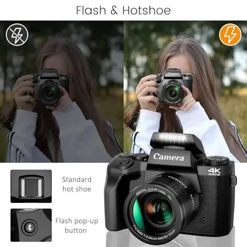 Saneen Digital Camera, 4k Cameras for Photography & Video, 64MP WiFi Touch Screen Vlogging Camera for YouTube with Flash, 32GB SD Card, Lens Hood, 3000mAH Battery, Front and Rear Cameras - Black - 5