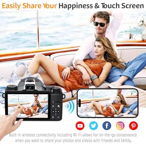 Saneen Digital Camera, 8k Cameras for Photography, 64MP WiFi Touch Screen Vlogging Camera with Flash, 32GB SD Card, Lens Hood, 3000mAH Battery, Front and Rear Cameras, Hot Shoe Interface Beginner - 5