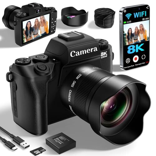 Saneen Dijital Kamera, Fotoğrafçılık İçin 8k Kameralar, Flaşlı 64MP WiFi Dokunmatik Ekran Vlogging Kamerası, 32GB SD Kart, Lens Kılıfı, 3000mAH Pil, Ön ve Arka Kameralar, Sıcak Ayakkabı Arayüzü Başlangıç - 1