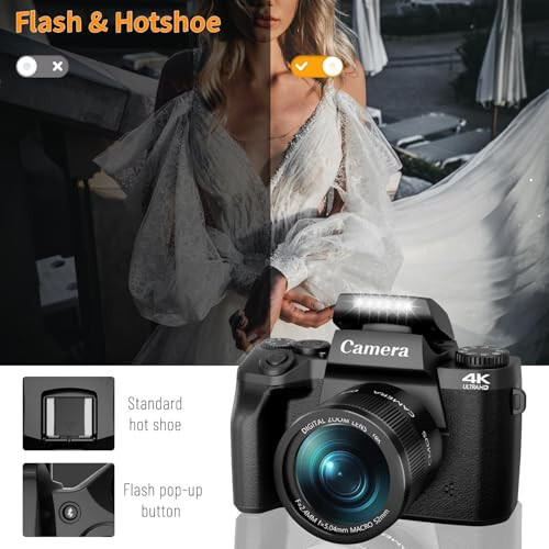 Saneen Digital Camera, 4k Cameras for Photography, 64MP WiFi Touch Screen Vlogging Camera with Flash, 32GB Card, Lens Hood,3000mAH Battery, Front and Rear Cameras,Hot Shoe Interface Beginner - 3