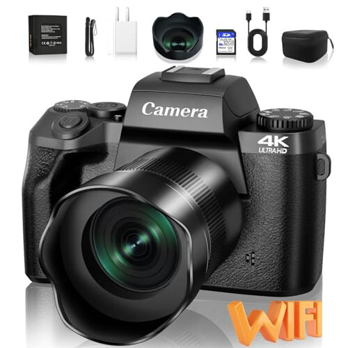 Saneen Fotografiya uchun raqamli kamera, 4K 64MP Wi-Fi sensorli ekran Vlogging kamerasi, fleshli, 32GB SD karta, linza qopqog'i, 3000mAH batareya, old va orqa kameralar, 4″ katta ekran, issiq poyabzal interfeysi - qora - 1