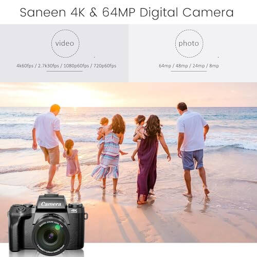 Saneen Raqamli Kamera, Foto va Video uchun 4k Kameralar, Fleshli YouTube uchun 64MP WiFi Tegin Ekran Vlog Kamerasi, 32GB SD Karta, Ob'ektiv Qopqog'i, 3000mAH Batareya, Old va Orqa Kameralar - Qora - 8