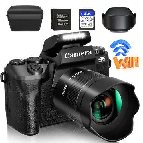 Saneen Raqamli Kamera, Foto va Video uchun 4k Kameralar, Fleshli YouTube uchun 64MP WiFi Tegin Ekran Vlog Kamerasi, 32GB SD Karta, Ob'ektiv Qopqog'i, 3000mAH Batareya, Old va Orqa Kameralar - Qora - SANEEN