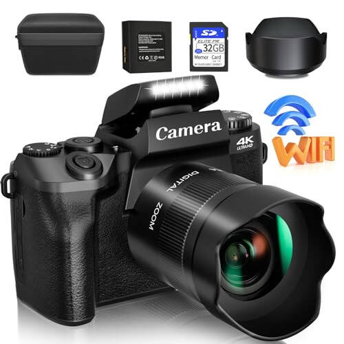 Saneen Raqamli Kamera, Foto va Video uchun 4k Kameralar, Fleshli YouTube uchun 64MP WiFi Tegin Ekran Vlog Kamerasi, 32GB SD Karta, Ob'ektiv Qopqog'i, 3000mAH Batareya, Old va Orqa Kameralar - Qora - 1