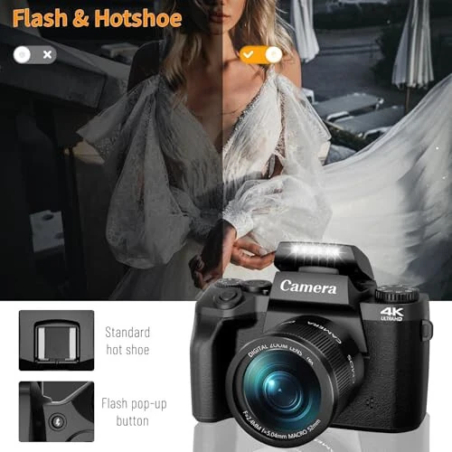 Saneen Raqamli Kamerasi, Fotografiya Uchun 8k Kameralar, Fleshli 64MP WiFi Tegin Ekran Vlogging Kamerasi, 32GB SD Karta, Linza Qopqog'i, 3000mAH Batareya, Oldingi va Orqa Kameralar, Issiq Poyafzal Interfeysi Boshlang'ich - 3