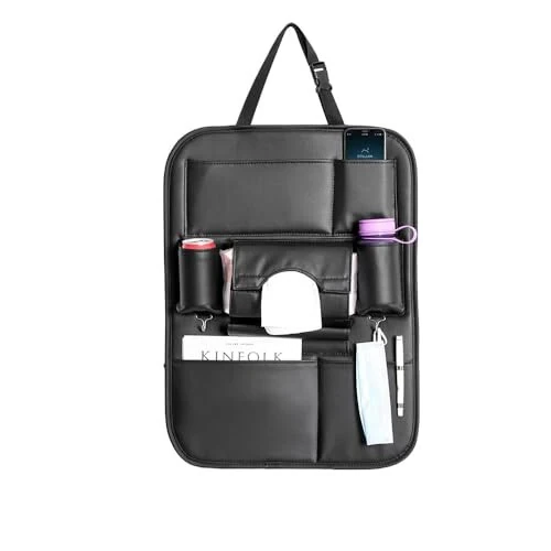 SANMITTI 2 Pack PU Leather Premium Car SeatBack Organizer Travel Accessories Kick mats Back seat Protector and Cup Holder Holder Universal Use Seat Covers Black - 3