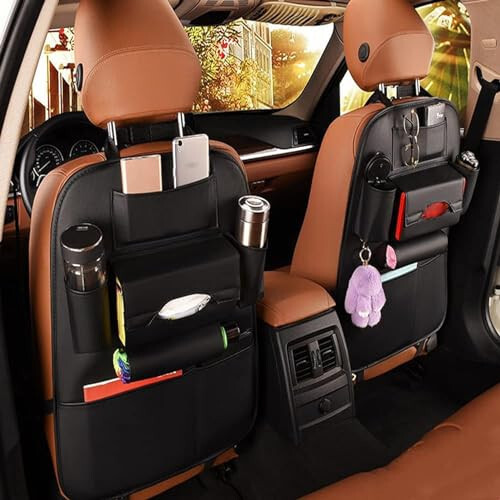 SANMITTI 2 Pack PU Leather Premium Car SeatBack Organizer Travel Accessories Kick mats Back seat Protector and Cup Holder Holder Universal Use Seat Covers Black - SANMITTI